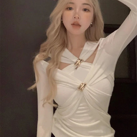 2024 Summer New White Cross Strap T-shirt Women's Long-sleeved Bottoming Shirt Pure Lust Style Hot Girl Design Niche Tight Top