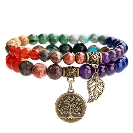Women's Trendy Chakra Bracelet Natural Gemstone Beads Crystal Stretch Tree Life Leaf Charm Pendants Fashion Diamonds Anniversary