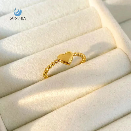 SUMMLY Trend Wholesale Personalized 18K Gold Plated Stainless Steel Heart Shape Round Bead Ring Fashion Jewelry