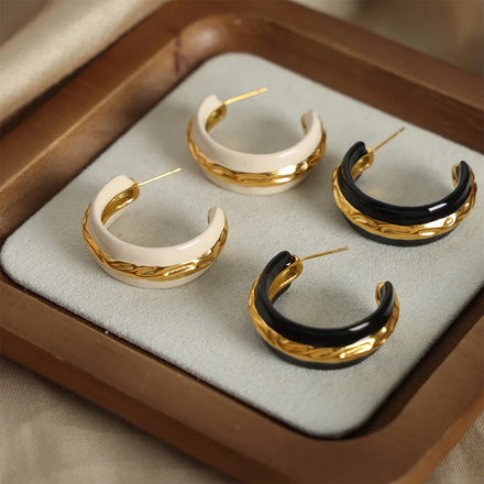Fashionable Minimalist Hammered Patterned Enamel Chunky Stud Earrings Stainless Steel Gold Plated Large Hoop Earrings Pendientes