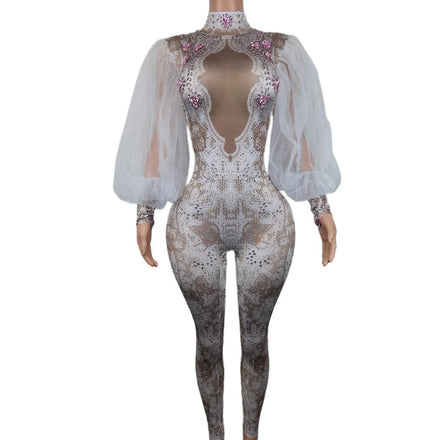 Fashion Print Puff Sleeve Rhinestone Bodysuit Dancing Clothes Stage Performance Wear Ladies Rompers Women One Piece Jumpsuits
