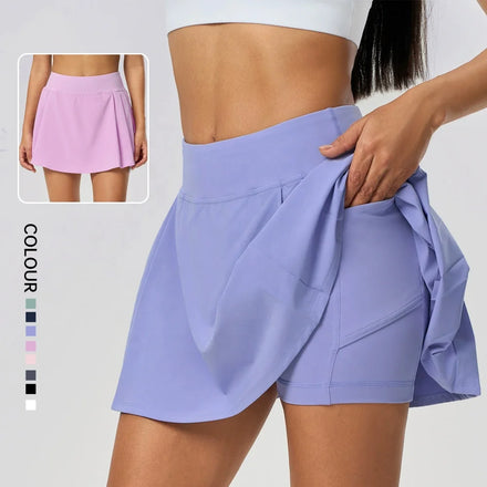 SHINBENE Women's Yoga High Waist Lightweight Spandex Tennis Skirts Pleated Golf Skorts with Shorts Pockets for Workout