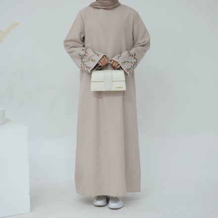 2024 Ramadan Turkey Islamic Women's Plus Size Closed Abaya Spring Flowers Embroidered Linen Fabric Dress Breathable OEM ODM