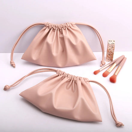 High Quality Pink Pu Leather Travel Cosmetic Drawstring Bag Luxury Soild Waterproof Leather Makeup Pouch