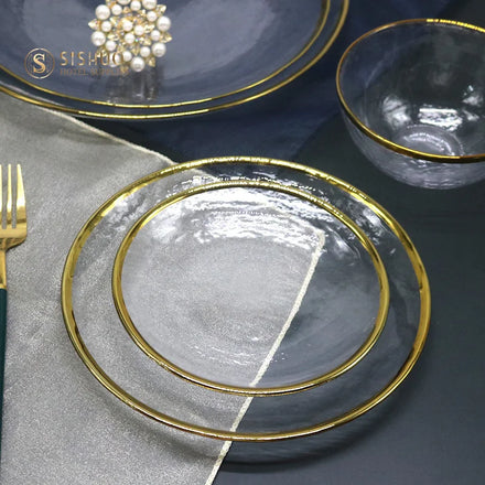 Wholesale Clear Glass Dinner Plate Set with Gold Rim Round Tableware Charger for Weddings Fruit Inspired Design