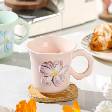 Wholesale Hand Painted Embossed Flower Ceramic Coffee Mug Creative Girl Heart Drinking Water Cup