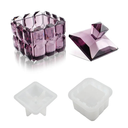 Cube Resin Jar Mold Storage Box Resin Mold with Lid Diamond Faceted for DIY Jewelry Trinket Candle Holder Home Decor