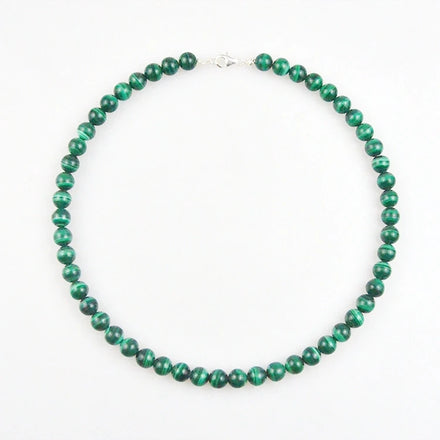 China 8mm Round Dark Green Malachite Stone Beading Chain Necklace for Women Featuring Loose Gemstones and Silver Accents