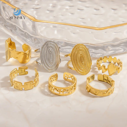 SUMMLY Vintage Oval Wide Irregular Wavy Personalized Fluid Waterproof 18K Gold Plated Stainless Steel Rings Fine Fashion Jewelry