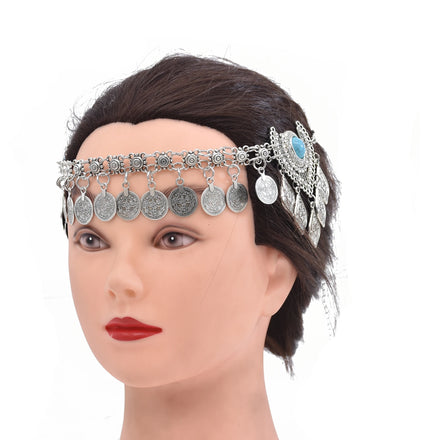 Maang Tikka Women Silver Coins Leaves Tassel Belly Dance Head Chain Headband Costume Gypsy Jewelry