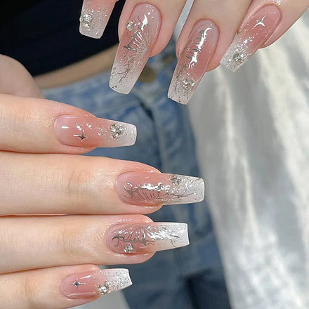Simple French Diamond Long Artificial Fingernails Press on Nails Handmade Designed Gel Press on Nails