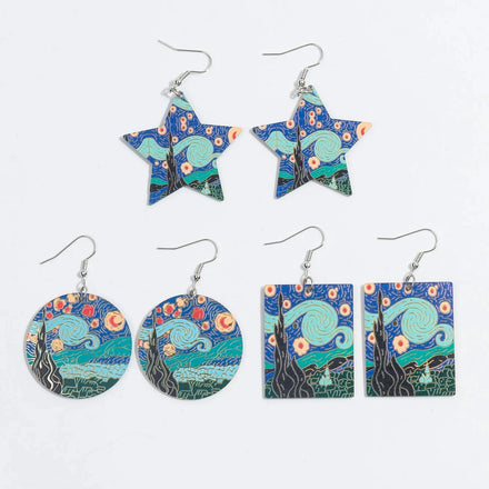 World Famous Art Classic Vintage Paintings Beautiful Starry Night Geometric Star Circles Romantic Free Peaceful Acrylic Earrings