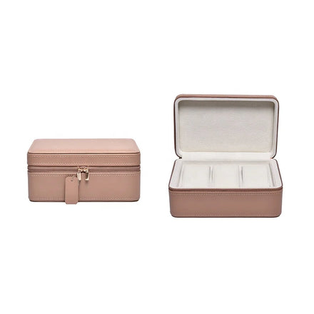 Rectangle 3 Slot Light Brown Genuine Leather Zipper Portable Travel Watch Storage Organizer Case