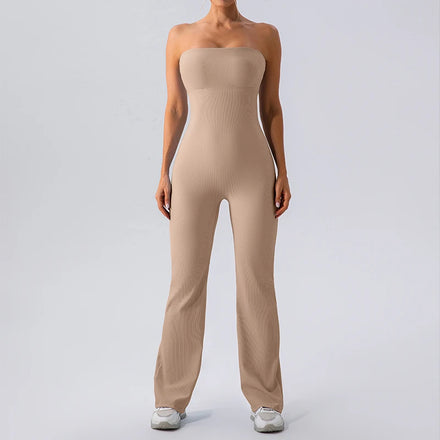 New Tight Fitting Strapless Bra Jumpsuit Summer Ribbed Fabric Sports Fitness Flared One Piece Gym Clothing for Women
