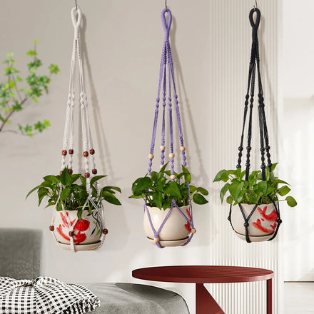 Handmade Macrame Cotton Plant Hanger with Beads Woven Planter Holder for Garden Hanging Planter