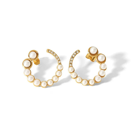 Vintage New 18K Gold Plated Earrings Stainless Steel Zircon With Geometric Pearl C Shape Anniversary Jewelry for Women