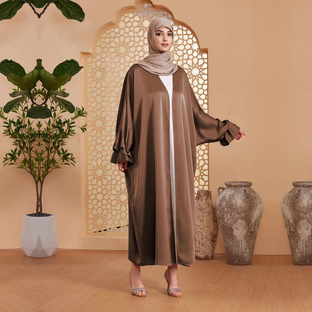 New Fancy Flower Sleeve Kimono Dubai Open Muslim Abaya Dress Islamic Clothing Eid Satin Plus Size Women Maxi Dress Wholesale