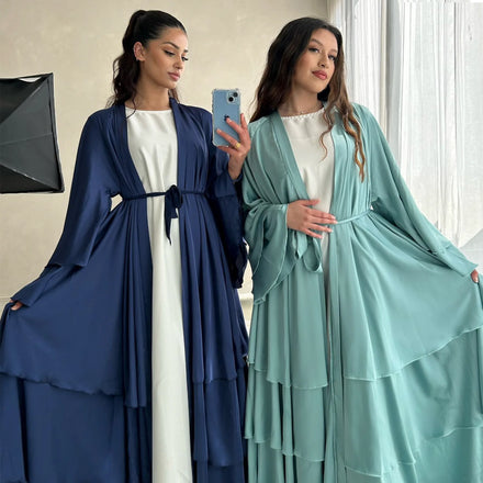 Elegant Boutique Open Abaya Wave Dress Muslim Women Casual Dress Elastic Satin Women Abaya Dress