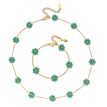 New Fashion Flower Beaded Necklace 18K Gold Plated Stainless Steel Rhinestone Flower Bracelet Necklace Jewelry Set for Women