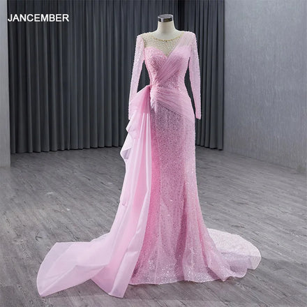 Nigeria Muslim Mermaid Evening Dresses Boat Neck Long Sleeve Sweep Train Sequined Beads Prom Wedding Party Gowns RSM222213