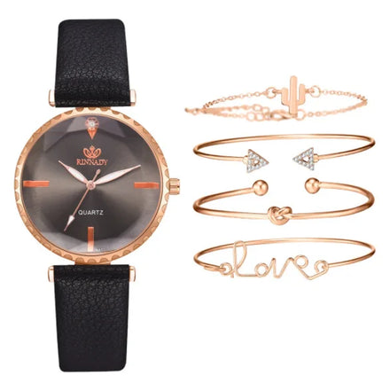 5Pcs Women Watch Set Luxury Leather Quartz Wrist Watch with Bracelets Fashion Jewelry Gift Set