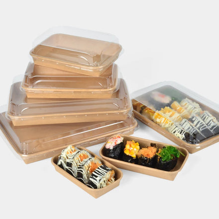Disposable Synthetic Paper Sushi Tray with PET Lid Matt Lamination & Embossing for Food Takeaway Packaging