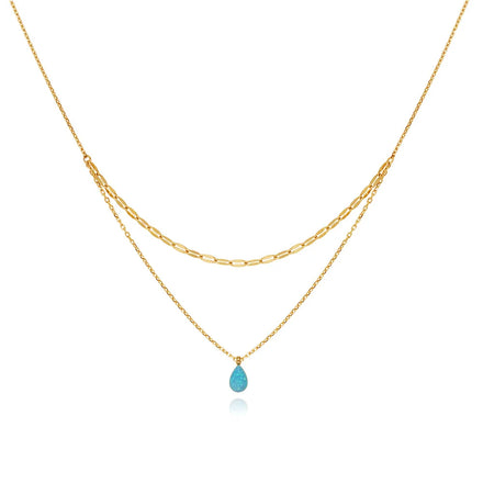 Joolim Jewelry 18K Gold Plated Blue Teardrop Artificial Stone Pendant Double-layer Necklace Trendy Stainless Steel Jewelry