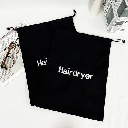 Custom Logo Embroidered Black Dustproof Pouches Drawstring Cotton Twill Hairdryer Bags