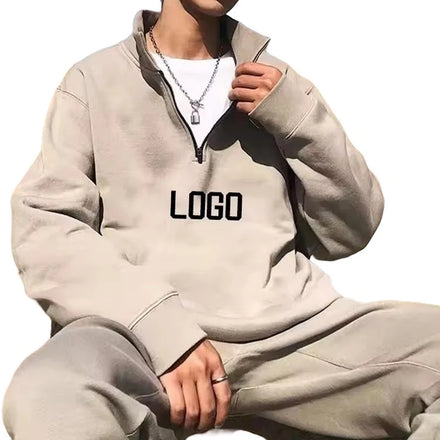 Custom Men's Turtleneck Half Zip Sweatshirt Organic Cotton Plus Size Drop Shoulder Quarter Zip Blank Sweatshirt for Men