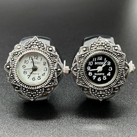 Wholesale Vintage Flower Finger Rings Silver Color Watch for Women Men Unique Design Retro Finger Watch for Ladies