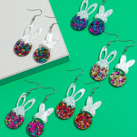 Popular 2024 Holiday Asymmetrical Cute Animal Accessory Blend Sequin Easter Egg Rabbit Resin Cut Geometric Acrylic Drop Earrings