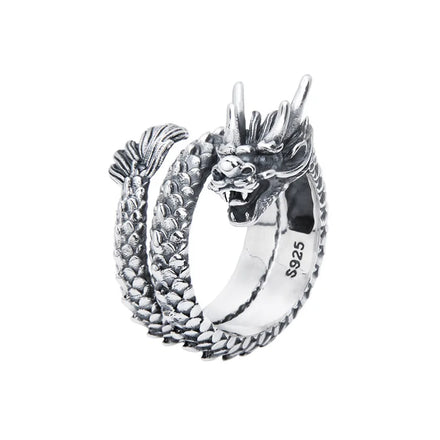 S925 Sterling Silver Dragon Ring for Men's Vintage Fashion Multi Layered Spiral Dragon Ring Jewelry