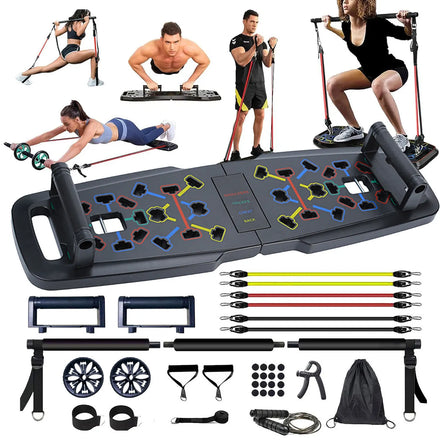 2026 New Arrival Home Gym Portable Dip Stand for Exercise Ab Training Push-Up Board with Resistance Bands & Roller Wheel
