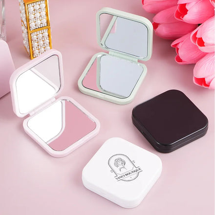 Pocket Square Double-sided Folding Cosmetic Mirror 5x Magnification Silver Finish Plastic Frame Print Option Wholesale