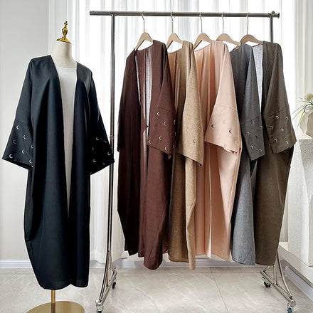 Wholesale Turkey EID Modest Dubai Abaya Girl Muslim Women Dress Luxury Moon Embroidery Sleeves Polyester Linen Kimono Open Abaya