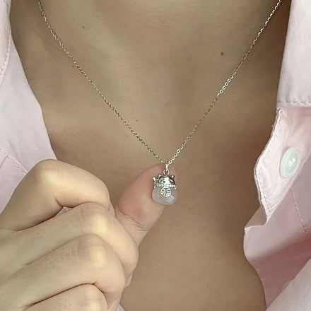 Cute Simple Pure 925 Sterling Silver Hetian Jade Lucky Cat Chinese Fu Pendant Necklace for Women Girls