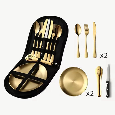 Outdoor Portable Cutlery Set Fork Spoon Knife Plate Camping Silverware Utensil With Storage Bag