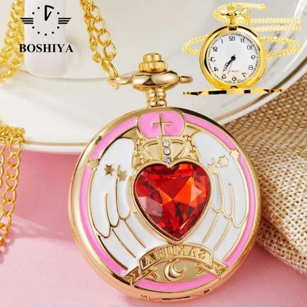 Wholesale Gold Necklace Pendant Steampunk Clock Sakura Moon Cosplay Anime Pocket Watch With Chain