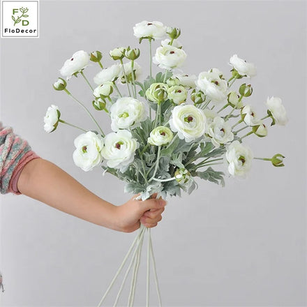 New Arrival Hot Sale 6 Heads Silk Ranunculus Flower Flocked Stem Artificial Light Pink Tea Rose