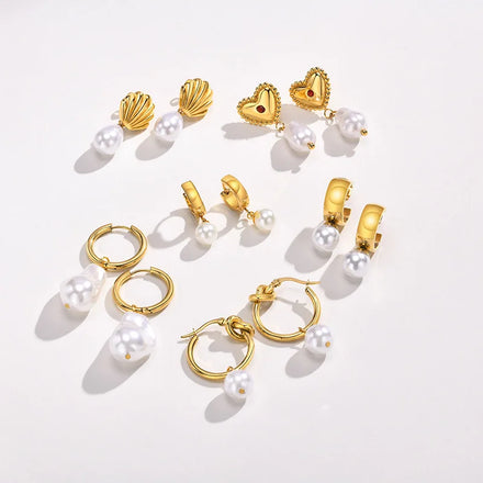 New Trendy Earring 18K PVD Gold Plated Imitation Pearl Shell Heart Drop Earring Dangle Earring for Women