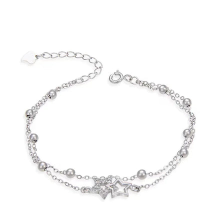 Rhinestone Sparkling Star Pendant Sterling Silver Link Chain Bangle Fashion Jewelry S925 Charm Bracelet for Women Lady Girls
