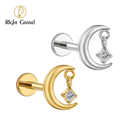 ASTM F136 Titanium 16G CZ Moon Cartilage Earring Tiny Crescent Moon CZ Dangle Helix Tragus Conch Stud Ear Piercing
