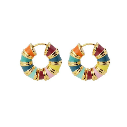 French Brass Gold Plated Earring Dripping Oil Colorful Loop Earrings Hoop Retro Personality Enamel Circle Donut Earrings