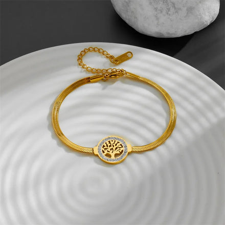 Fashion Tree of Life Pendant Zircon Bracelets Round Snake Bone Chain 18k Gold Plated Stainless Steel Bracelets Jewelry for Women
