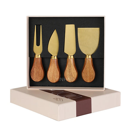 Housewarming Gift Custom Logo Stainless Steel Acacia Wooden Handle 4 Pieces Gold Cheese Knife Set with Gift Box Packaging