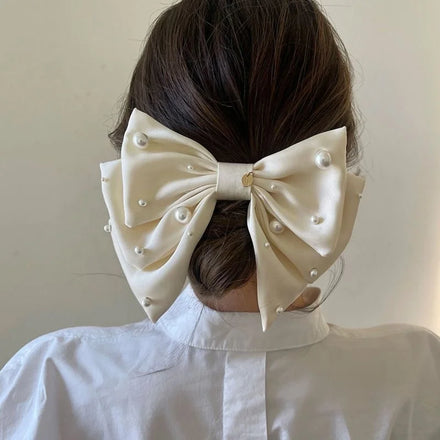 Korean Cute XXL Large Big Barrette Trilaminar Satin Pearl Butterfly Bow Hair Clips