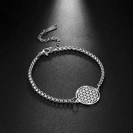 Women's Stainless Steel Box Chain Bracelet with Flower Charms Sacred Geometry Jewelry Fashionable Amulet Gifts