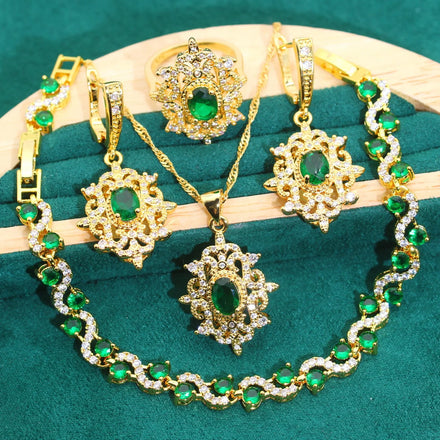 Wholesale 18K Gold Plated Green Crystal Jewellery Set Includes Necklace Pendant Earrings Ring & Bracelet for Wedding & Party
