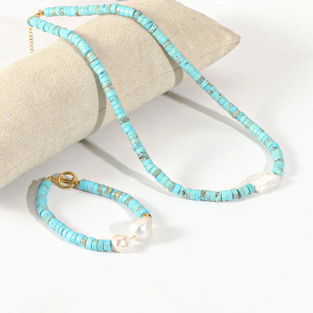 Bohemian Natural Stone Blue Turquoise Natural Pearl Adjustable Bracelet and Necklace Set for Women Beaded Chains Necklace Set