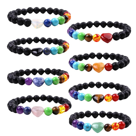 Mixed Color Healing Crystals Stone 7 Chakra Pray Bracelets Jewelry Energy Lava Stone Bracelets for Men Women with Heart Gemstone